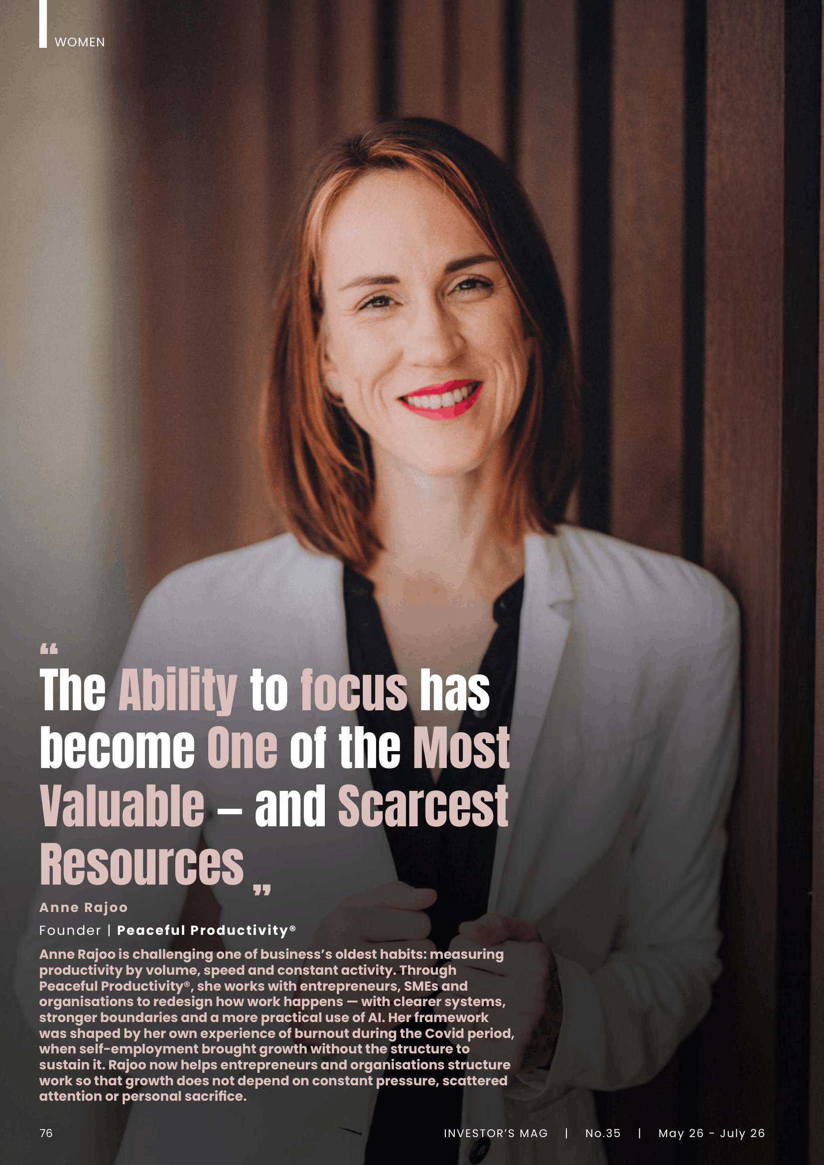 Anne Rajoo Peaceful Productivity Virtufully Investors Mag May